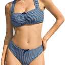 ZAFUL Women High Cut Bikini Sets Wide Strap Bow Ruched Lace Up 2 Piece Swimsuit Solid Cheeky Bathing Suits (Blue Plaid, S)