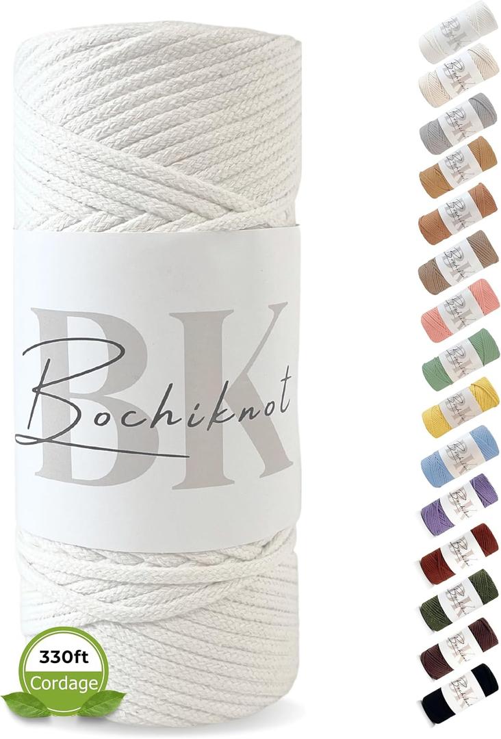 BOCHIKNOT Braided Macrame Cord 4mm x 109yds - Braided Rope for Macrame Wall Hangings, Plant Hangers - 4mm Braided Macrame Cord - Cotton Macrame Cord for Crafts - 4mm Macrame Cord Braided (Milk White)