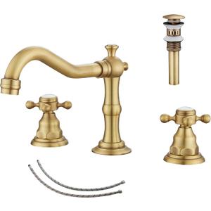 2 Handles 3 Holes Faucet Widespread Bathroom Sink Faucet Antique Brass Basin Tap Mixer Supply Hose Included Matching Metal Pop Up Drain