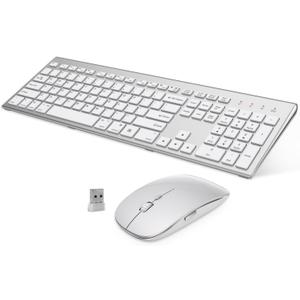 Wireless Keyboard and Mouse Combo, GALENMORO Ergonomic USB Full Size Silent Keyboard with Number pad for Windows macOS Computer Desktop PC Laptop - Silver White