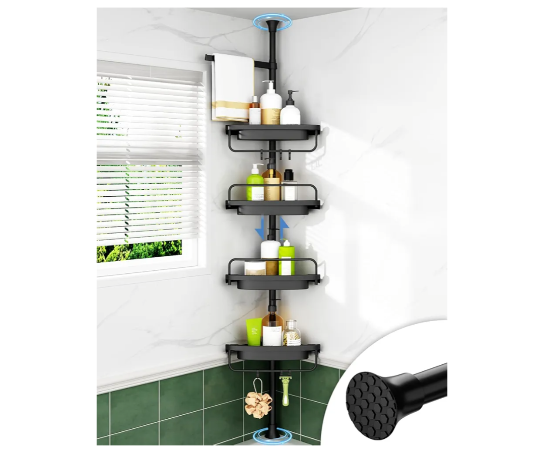 ALLZONE Corner Shower Caddy Tension Pole, Extendable Rustproof Stainless Steel Pole & 4-Tier Adjustable Shelves for Easy Drainage and Built-to-Last Stability, 34 to 116 Inch, Black