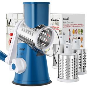 Geedel Rotary Cheese Grater, Kitchen Mandoline Vegetable Slicer with 3 Interchangeable Blades, Easy to Clean Rotary Grater Slicer for Fruit, Vegetables, Nuts (Blue)