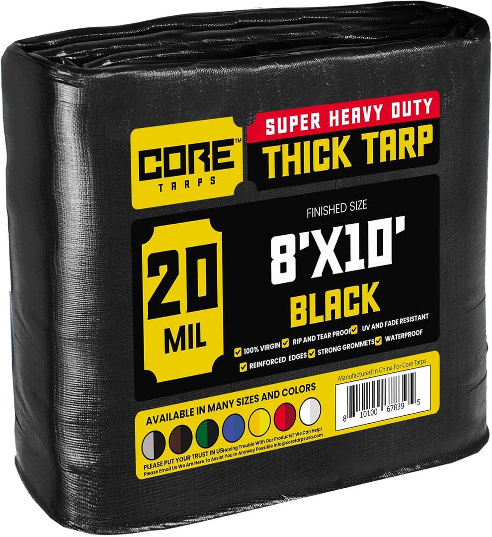 Core Tarps Extreme Heavy Duty 20 Mil Tarp Cover, Waterproof, UV Resistant, Rip and Tear Proof, Poly Tarpaulin with Reinforced Edges for Roof, Camping, Patio, Pool, Boat (Black 8 X 10)