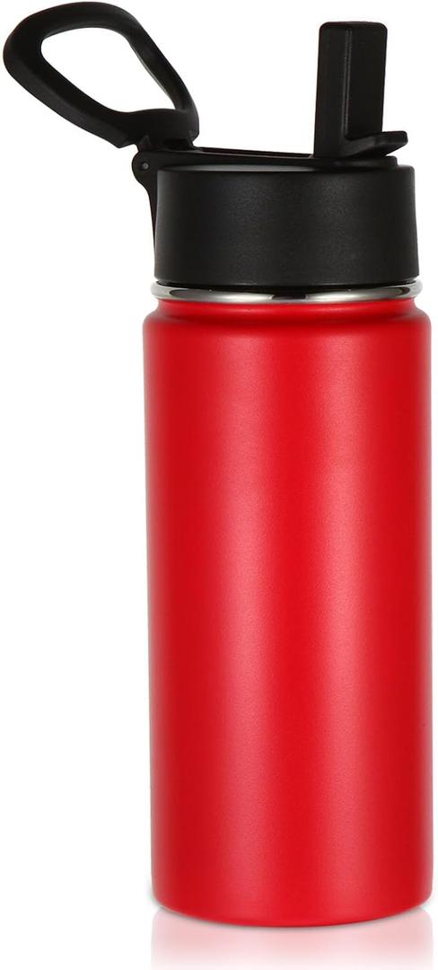 Volhoply Kids Insulated Water Bottle with Straw,16oz Stainless Steel Cold Water Bottles for School,BPA-Free Metal Wide Mouth Cups with Handle Lid,Reusable Double Wall Vacuum Sport Flask (Red,1)