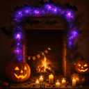 Halloween Black Garland with Purple Lights, 6.56 ft Lighted Cedar Pine Needle Artificial Garland with LED Faux Realistic Hanging Vine Twigs for Halloween Mantle Banister Fireplace Decor