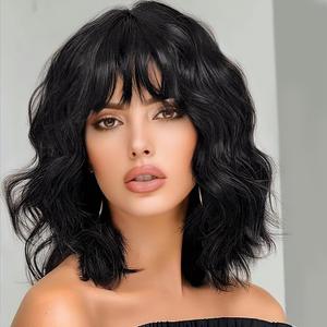 ENTRANCED STYLES Black Wig for Women Short Wavy Curly Bob Wigs with Bangs 14inch Medium Length Synthetic Chic Hair for Daily Party Wear