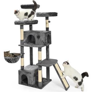 Amazon Basics Large Cat Tree Tower, Multi-Level Activity Center with 2 Large Condos, Multiple Sisal Scratching Posts and Hanging Pompoms, Gray, 68 Inches