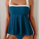 Aidonger Tankini Swimsuit for Women Color Block Tummy Control Two Piece Bathing Suit Slimming Swim Top with Bottom (Blue, M)