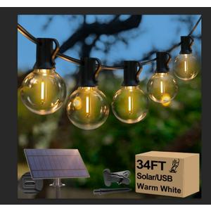 Lakumu 34FT G40 Solar String Lights, Globe Outdoor String Lights with 15 E12 Waterproof LED Bulbs, 2700K Shatterproof Patio Lights, Solar Powered Hanging Lights