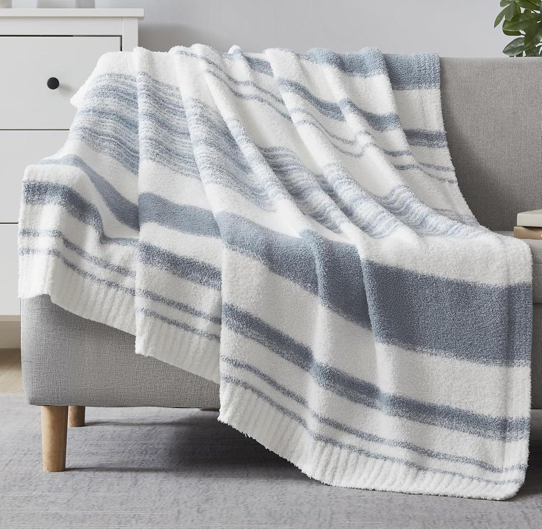 WRENGONGE Grey Blue Throw Blanket, 60x80 Soft Cozy Striped Throw Blankets for Couch, Sofa, Bed, Travel, Lightweight Fluffy Warm Plush Decorative Blankets for Women, Men Gift