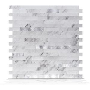 Art3d 10-Sheet Peel and Stick Stone Backsplash Tile for Kitchen, Bathroom - Volakas White Embellished with Metal Silver (11.7" x 11.5")