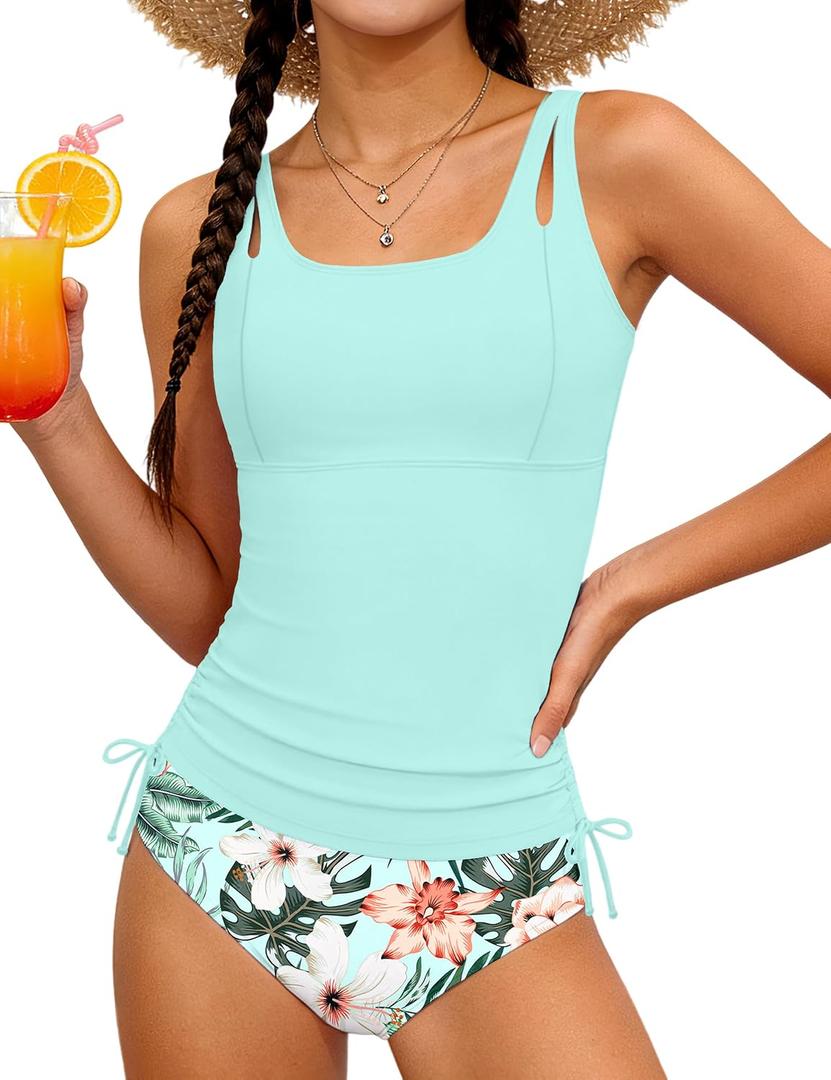 NAPU Girls Tankini Swimsuit Two Piece Swimsuits Bathing Suit Girls' Swimwear Drawstring Tank Top and Swim Bottoms (Blue, Size 11-12Y)