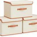 Storage Box with Lid Decorative Foldable Lidded Organizer Bin with PU Leather Handle 3-Pack Fabric Storage Cubes Container for Closet Bedroom Kitchen Office Organization15*10 * 10 Inches