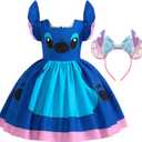 Girls Blue Princess Party Dress, Tropical Hawaiian Halloween Outfit for Kids, Cartoon Tulle Dress with Mouse Ears Headband (5-6 Years)