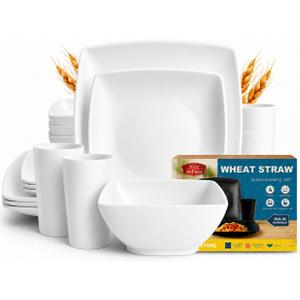 Teivio 40-piece Plastic Wheat Straw Square Dinnerware Set for 4, Unbreakable Dinner Plates, Salad/Tidbit Plates, Snack/Fruit Bowls, Tumblers 13.5oz, Flatware, Dishwasher Safe Outdoor RV Dishes, White
