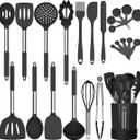 Silicone Cooking Utensil Set, Fungun Non-stick Kitchen Utensil 24 Pcs Cooking Utensils Set, Heat Resistant Cookware, Silicone Kitchen Tools Gift with Stainless Steel Handle (Black-24pcs)