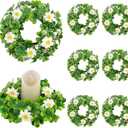 8 Pcs St. Patrick's Day Candle Rings, 14 Inch Shamrock Wreaths for Table Centerpieces Irish Clover Wreath for Front Door Porch Window Wall Decor, Spring Green Artificial Foliage Berry Wreath