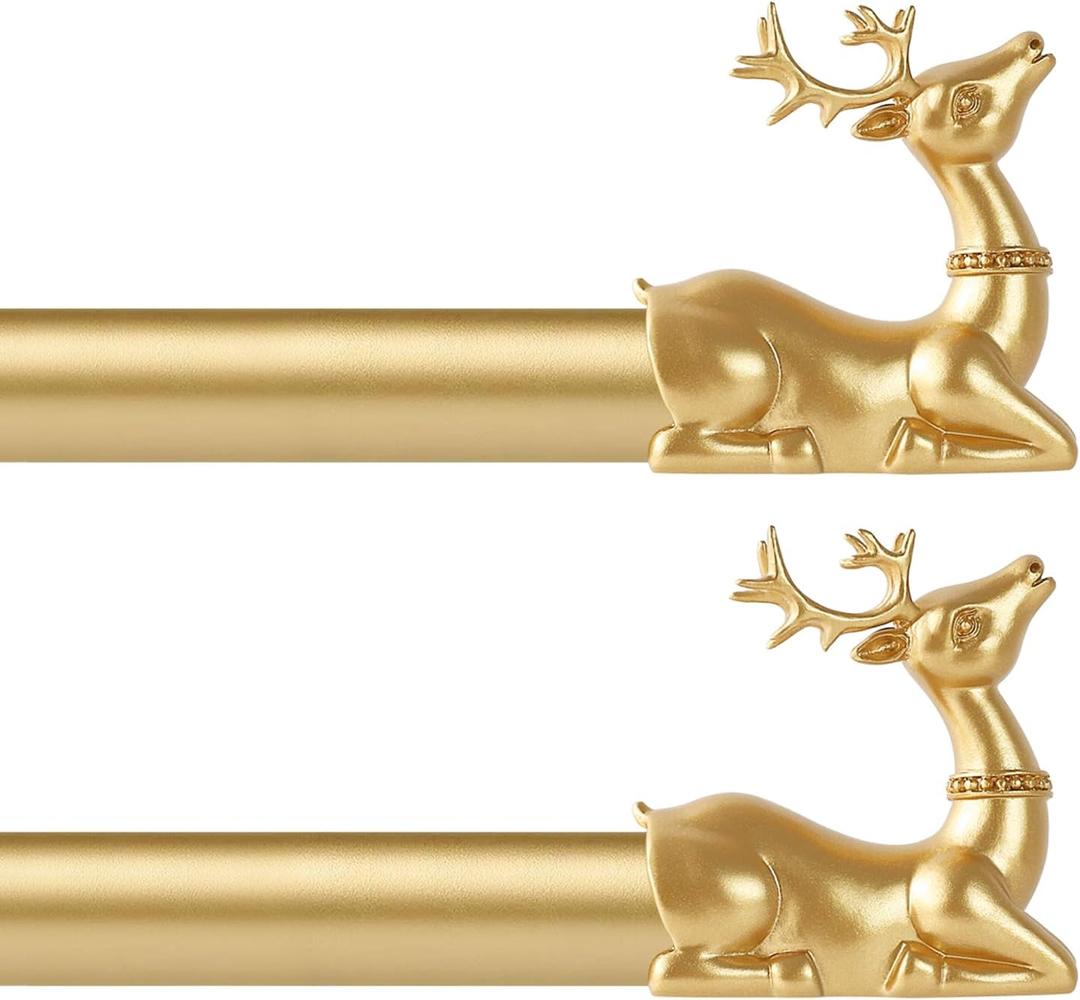 Gold Decorative Curtain Rods for Windows:36-88" Adjustable Farmhouse Curtain Rod for Bedroom Living Room,Heavy Duty Rustic Drapery Rods with Vintage Deer Finials Easy Install,Brass Gold 2 Pack