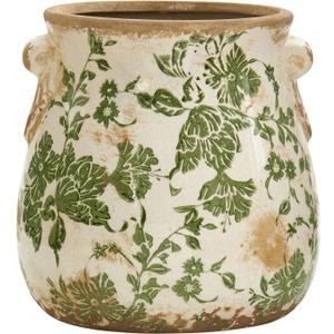 Nearly Natural 6.5in Ceramic Decorative Vase, Tuscan Style Green Floral Scroll Design For Indoor Home Shelf Table Decor