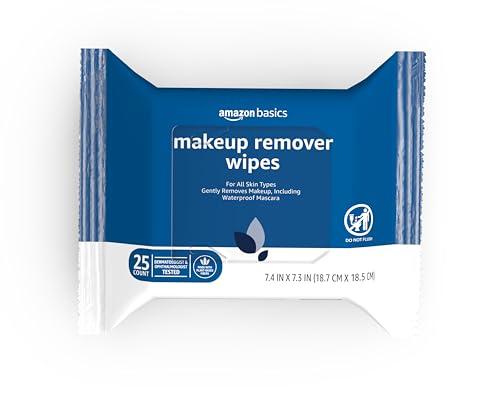Amazon Basics Makeup Remover Wipes, Gentle Cleansing, Dermatologist Tested, Original, Plant Based, Alcohol-Free, Removes Waterproof Mascara, 25 Count Per Pack, Pack of 4