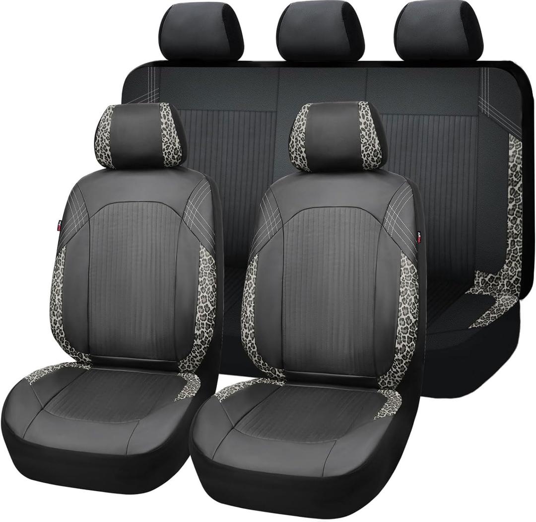 Flying Banner Synthetic Leather car seat Covers Full Set Front and Rear Bench Fashion Easy Installation Cup Holder Free (Black & Leopard Gray Print, Low Bucket - Full Set)