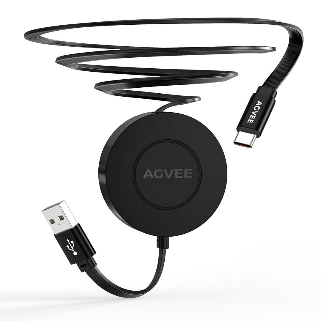 AGVEE 3ft Fixed / 2.3ft Extend USB-A to C Charger Cable Mountable One Way Retractable 2.4A Fast Charging Cord, Pocket-Sized for iPhone 16 15, Samsung, Android, Desk Organizer, Black