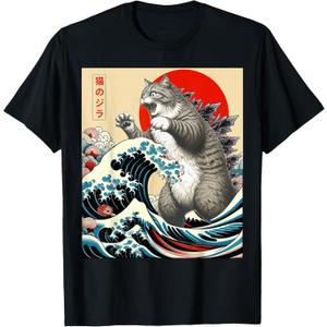 Catzilla Cat Japanese Art Funny Cat Gifts For Men Women Kid T-Shirt 2XL