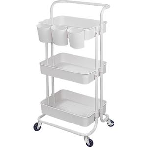 3-Tier Multifunction Rolling Cart Utility Storage Shelves Cart with Hanging Cup Lockable Wheels and Handle for Office Living Room Kitchen Bathroom (White)
