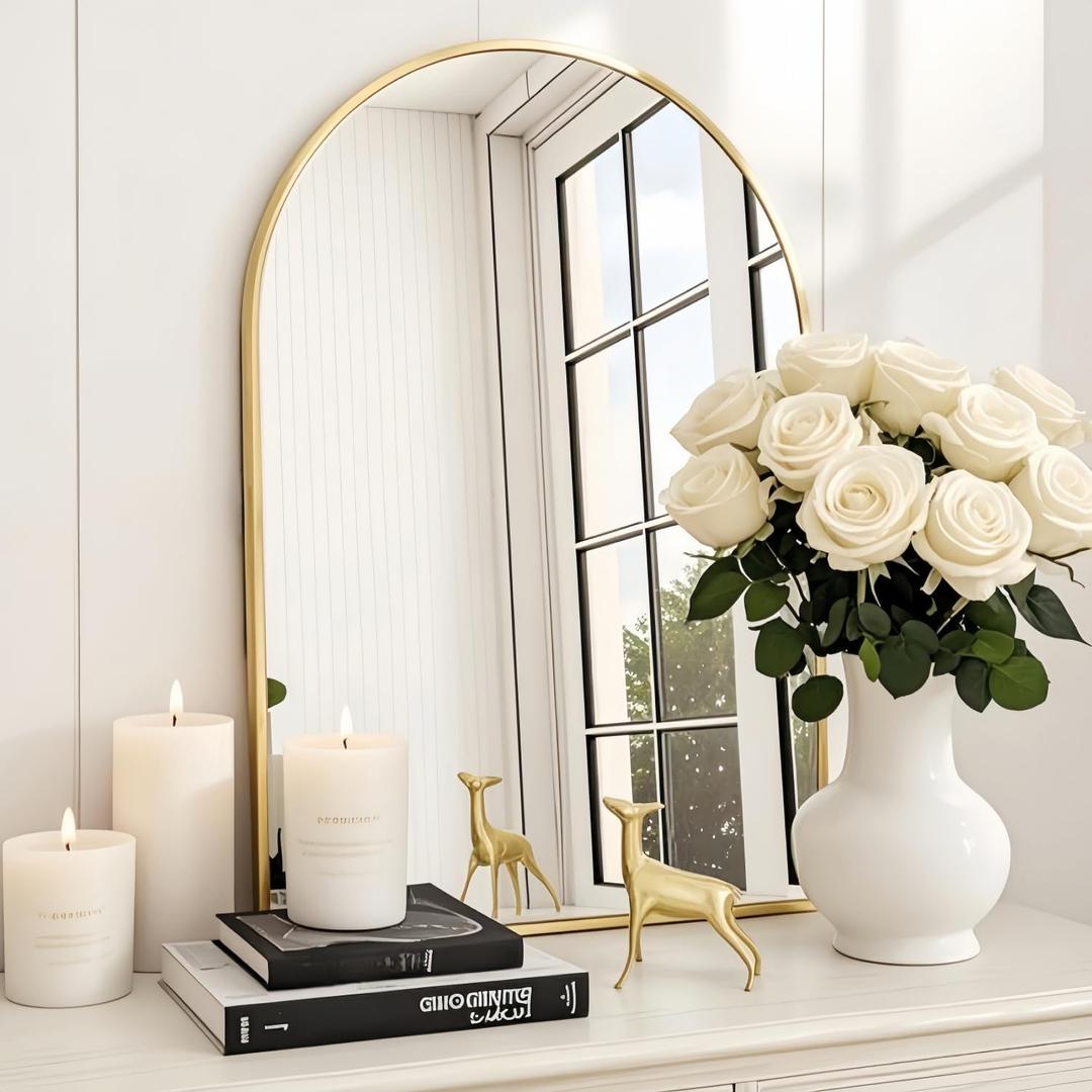 Arched Wall-Mounted Mirror, 24"x36" Arch Bathroom Mirror, Gold Vanity Mirror for Wall Dcor, Wall Mirror with Metal Frame for Bedroom, Entryway, Living Room, Brushed Gold