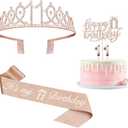 11th Birthday Decorations for Girl with Sash and Tiara, Numeral Candle and Cake Topper, 11 Year Old Birthday Decorations Gifts, Rose Gold Party Favor Supplies