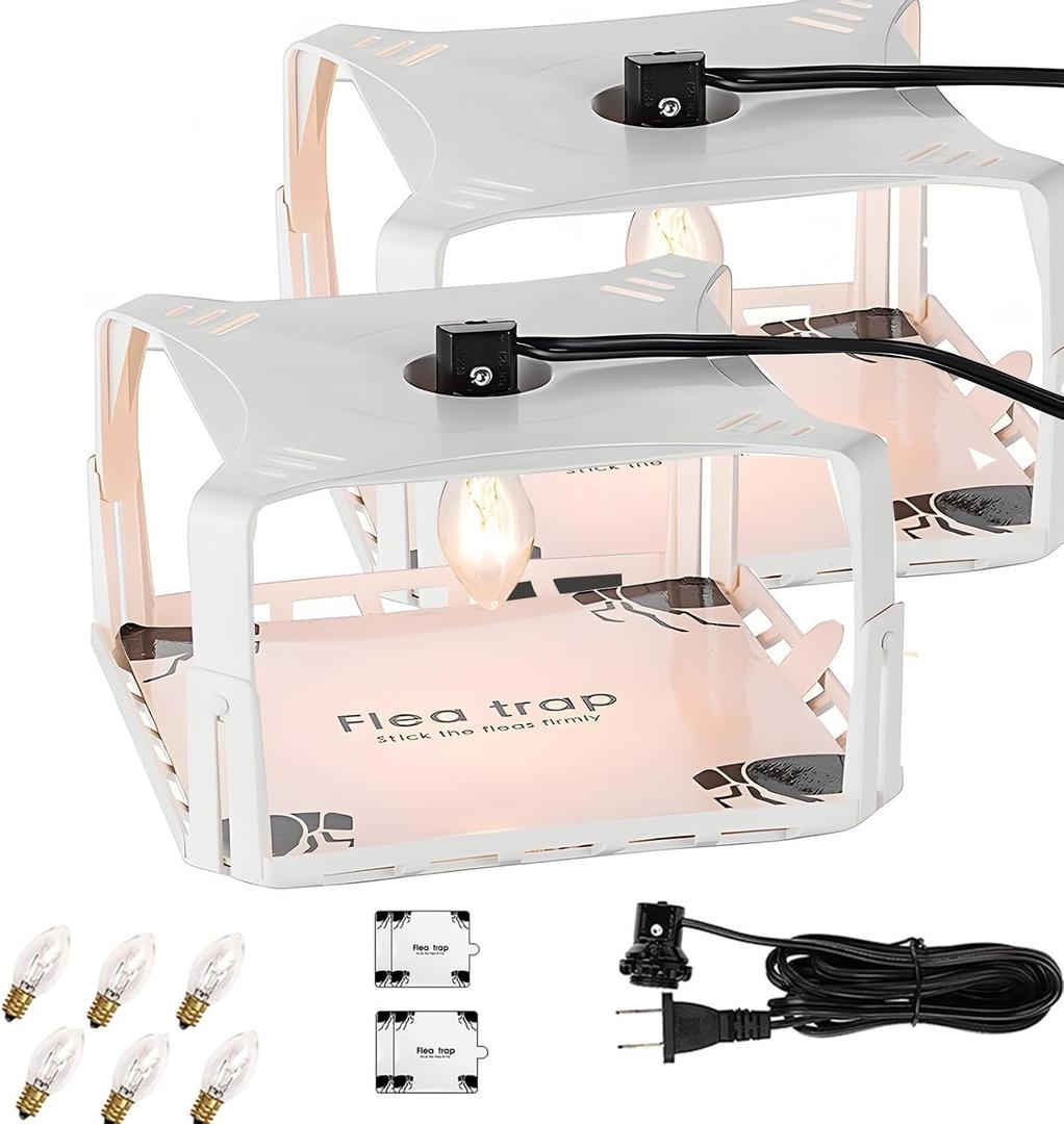 2 Pack Flea Traps for Inside Your Home, Flea Trap with Sticky Pads & 6 Bulbs, Bed Bug Killer Flea Trap Pest Control, Non-Toxic & Natural Insect Infestation Treatment for Pets & Kids