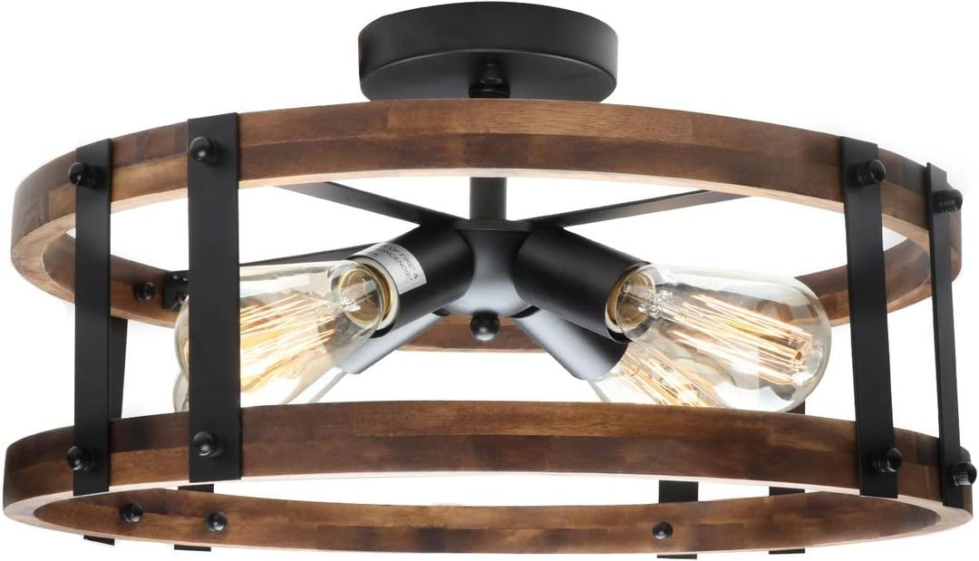 Semi Flush Mount Ceiling Light Fixture, Modern Farmhouse Wood Drum Ceiling Lamp, Rustic Close to Ceiling Lighting for Hallway Entryway Laundry Room Bedroom (Bulb Not Included)
