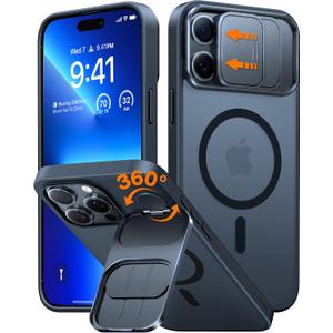 TORRAS Magnetic for iPhone 16 Pro Max Case with Camera Cover, 360 Spin Lens Stand, Fit for MagSafe, 4X Military Grade Shockproof Anti-Scratch Slim Cover Phone Case for iPhone 16 ProMax,Black Titanium
