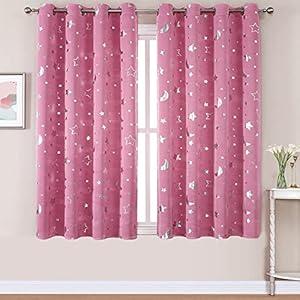 WUBODTI Pink Curtains for Girls Room Star 100% Blackout Kids Bedroom Curtains 63 Inch Length, Cute Silver Space Star and Moon Patterned Thermal Insulated Nursery Drapes, 2 Panel Sets