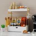 2 Tier Bathroom Counter Organizer with Drawer & Basket, Wooden Vanity Tray Countertop Shelf Accessories for Makeup Storage, Coffee Bar Station, Perfume Skincare, Kitchen, Bedroom (White)