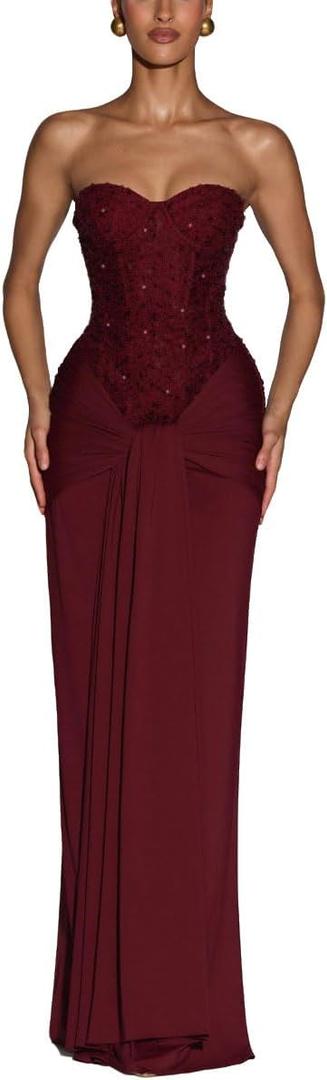 ABINGOO Women Strapless Wedding Guest Maxi Dress Bodycon Corset Tie Front Mermaid Tube Cocktail Long Formal Dresses (Red, S)