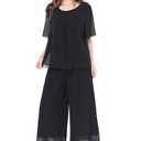 Women's 2 Piece Chiffon Sets Outfits Flowy Summer Casual Dressy Pantsuits Loose Double Layers Blouse Pants Sets Black, Size XL