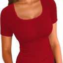LOLONG Womens Short Sleeve Ribbed T Shirts Summer Casual Square Neck Lace Patchwork Tops (Red, S)