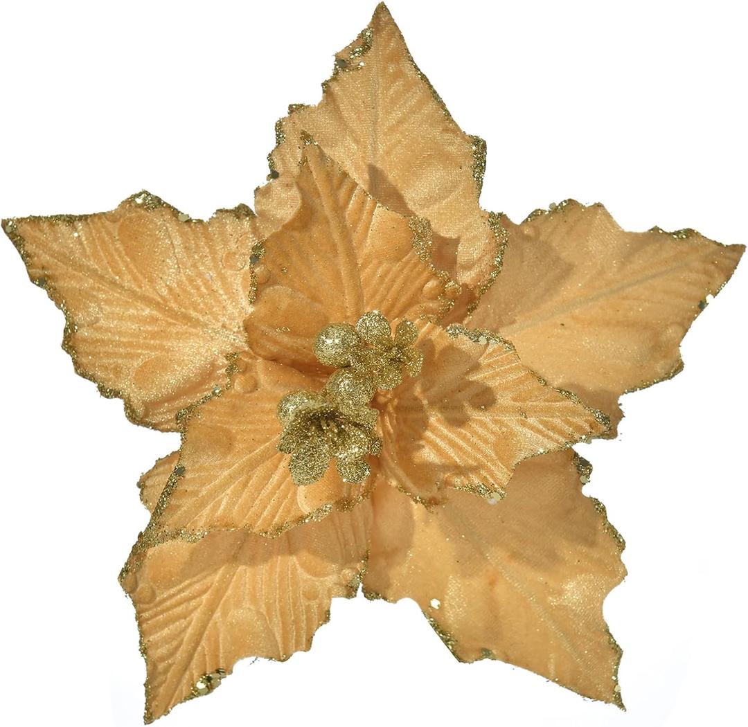 Christmas Poinsettia 10pcs 10-Inch Large Christmas Flowers Picks Spray Artificial Velvet Glitter Flower Ornaments for Christmas Tree Wreath Garland Decoration (Gold)