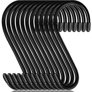 12-Pack 6-Inch S-Hooks, Large S-Hooks Vinyl-Coated Heavy-Duty S-Hooks for Hanging Non-Slip S-Hangers, Closet Hooks, Steel Metal Black Rubber S-Hooks for Hanging Plants, Clothes, Jeans, Pots, Pans, and Garden (6-Inch - 12-Pack)