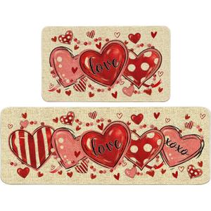 FUTBU Valentines Day Kitchen Rugs and Mats Set of 2, Red Love Heart Kitchen Decor, Farmhouse Valentine's Day Anti Fatigue Mats for Floor Decorations, Pink Rug Mat Home Decor 17"x27"+17"x47"