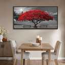 Framed Black and White Red Tree Wall Art Canvas Print Picture Large Red Tree Landscape Modern Artwork for Living Room Bedroom Office Home Wall Decor With 24X48inch