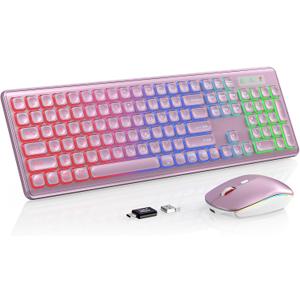 Wireless Keyboard and Mouse Combo, RGB Backlit, Rechargeable & Light Up Letters, Full-Size, Soft Typing, Sleep Mode, 2.4GHz Quiet Keyboard Set for Mac, Windows, Laptop, PC, Trueque (Rose Pink)