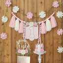 DCJHFJ Wildflower First High Chair Banner Birthday Decorations for Girl One Flower Cake Topper Floral Hat 1st Birthday Decoration Supplies (White Pink)