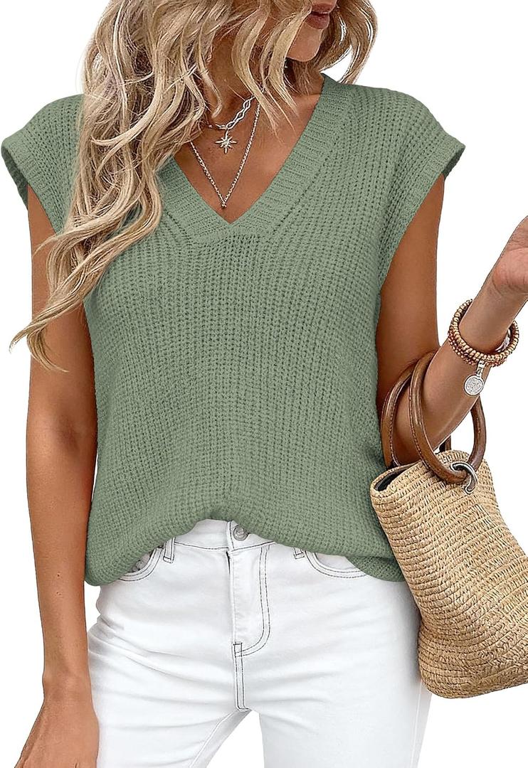 PRETTYGARDEN Women's 2026 Lightweight Sweaters Vest Spring Trendy Cap Sleeve V Neck Knit Tank Tops Summer Going Out Outfits (Green) Small