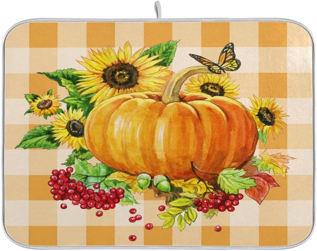 ODAWA Sunflower Autumn Pumpkin Dish Drying Mat, Drying Mat For Kitchen Counter, Absorbent Polyester Material, Heat-resistant Drying Mat 18 In x 24 In