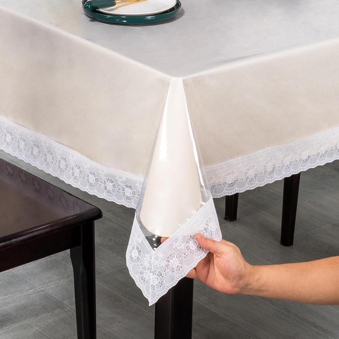 Lace Trim Tablecloth, Crystal Clear Vinyl, Waterproof Plastic Table Cover with Decorative White Border for Dining Tables (60x122in)