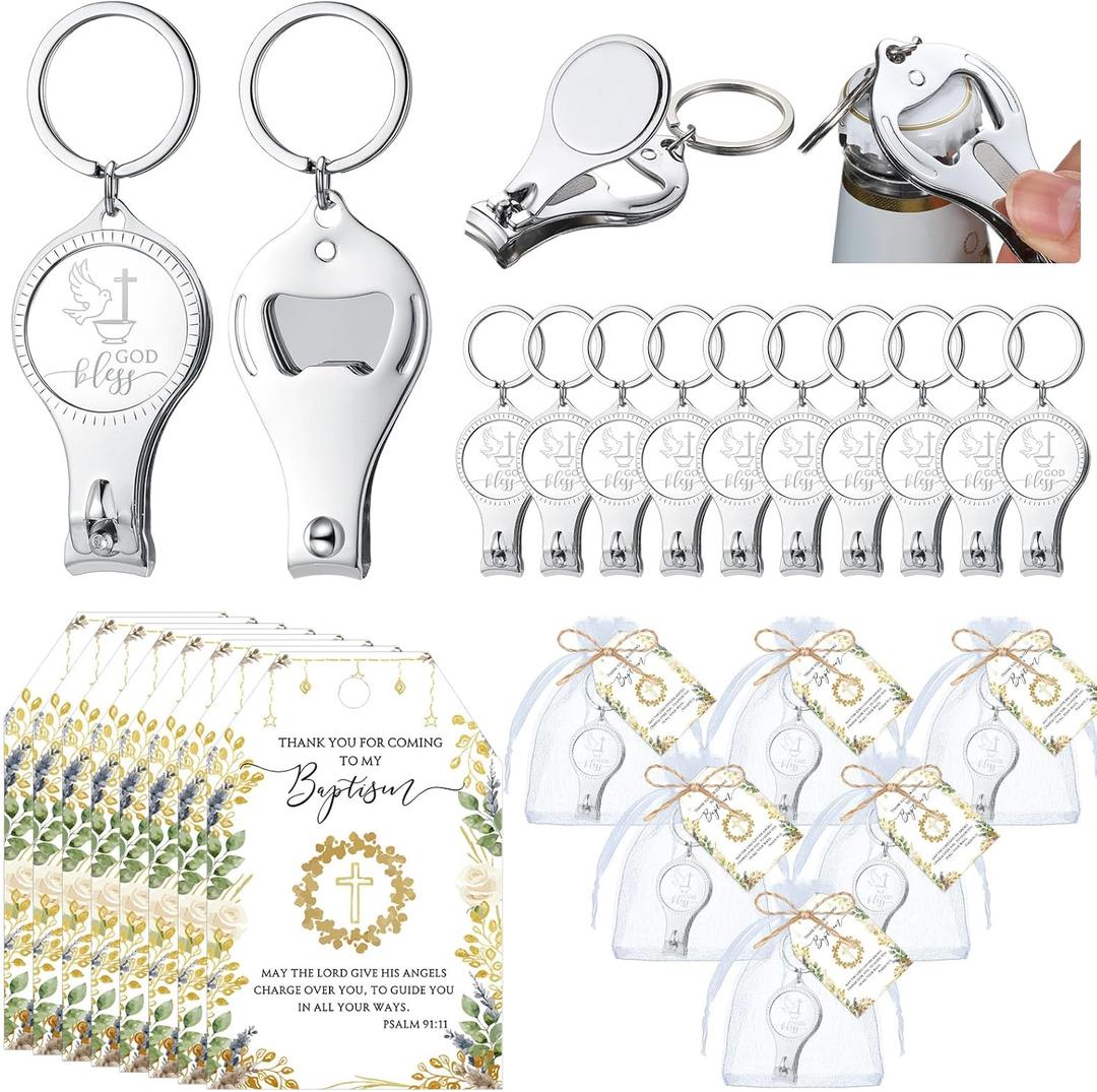 Vesici 25 Set Baptism Party Favors Bulk Includes 3 in 1 Nail Clippers Bottle Opener Keychain God Bless Nail Clippers Thank You Gift Cards Organza Bags for Baptism Party Supplies Souvenirs