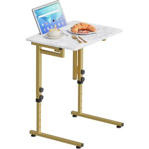 Folding tv Tray Dinner Snack Table,6 Height Adjustable Slide Under Couch Side Table, Portable Small Foldable C-Shaped End Table for Eating with Sturdy MDF Top,No Assembly(White Marble+Gold)