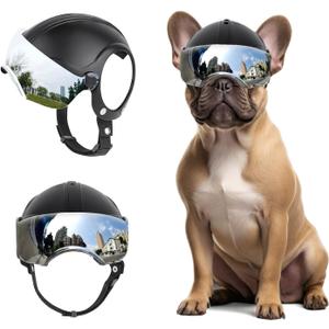 PETLESO Dog Helmet with Anti-UV Silver Goggles, Small Doggy Motorcycle Helmet with Ear Holes, Adjustable Outdoor Drop-Down Biking Safety Hat for Small Dogs Heads Protection